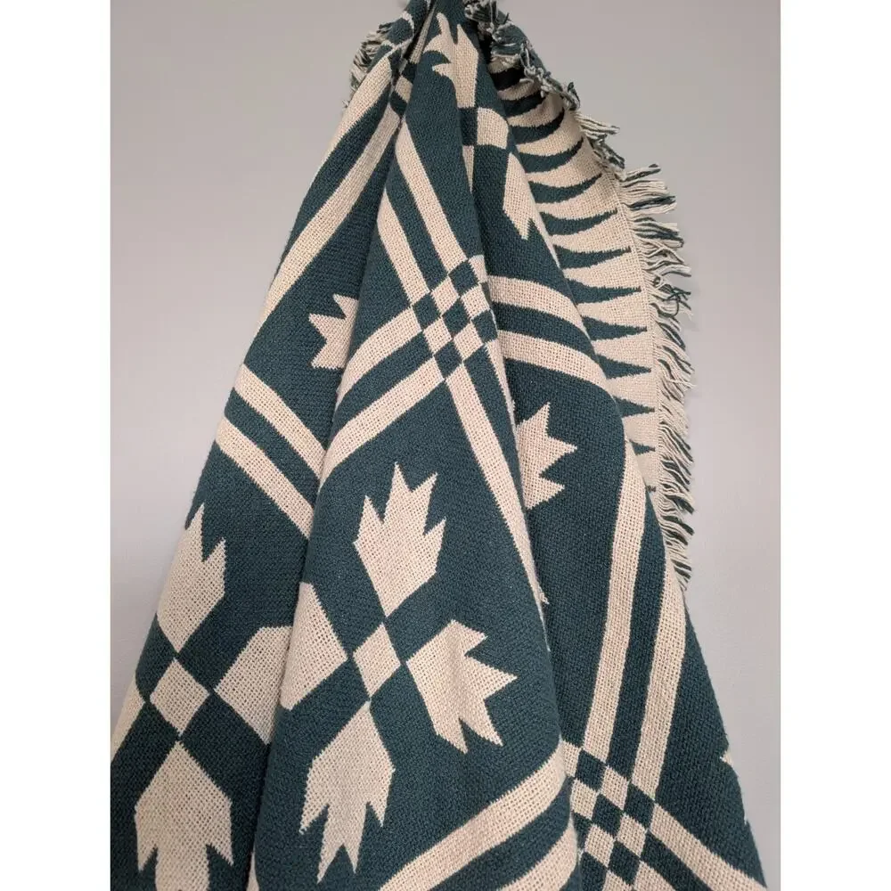 Antique Style Woven Coverlet Throw Teal Green Cabin Americana Blanket